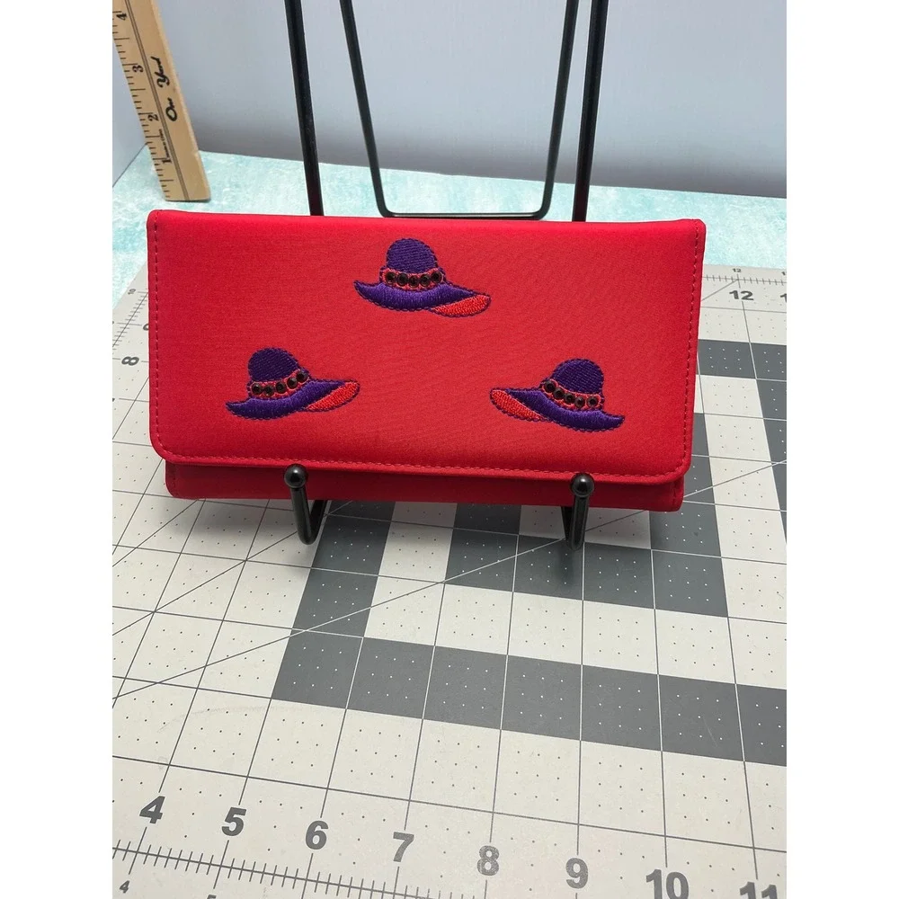 Red‎ Embroidered Hat Wallet Clutch Purse Women Snap Closure